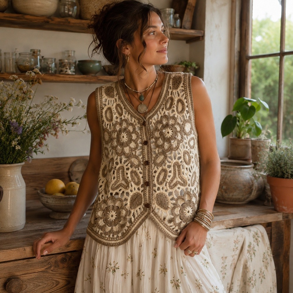 Crochet Vest Womens Sz S Boho Floral Button Front Hippie Festival Earthy Granola